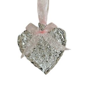 Glass Spun Hearts With Pink Ribbon (Set Of 5)